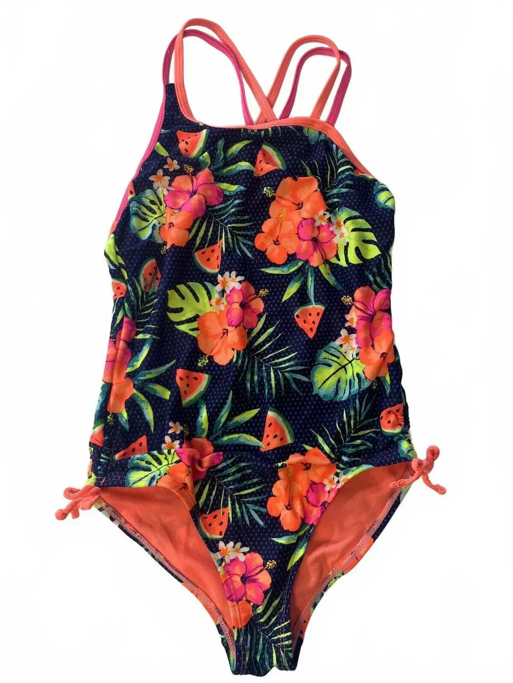 Girls One-Piece Swimsuit Set of 2 Old Navy Size M (8) Tropical Floral & Stripe